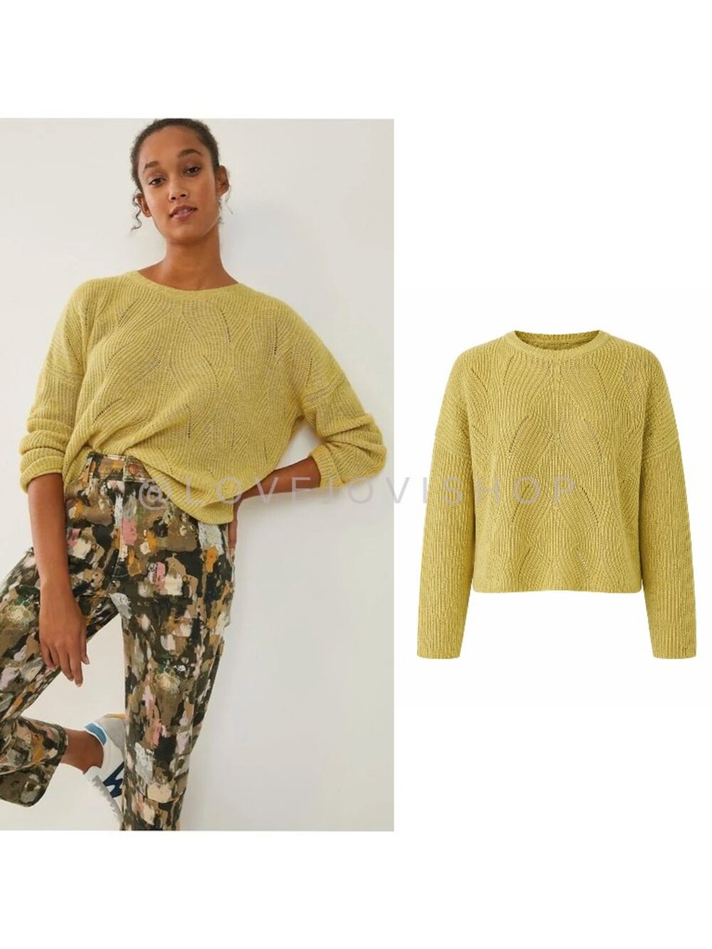 Sweater | Anthropologie Cropped Cable Knit Sweater Crew Neck Chartreuse Yellow S